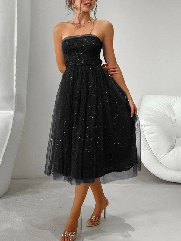 Elegant black strapless mesh midi dress