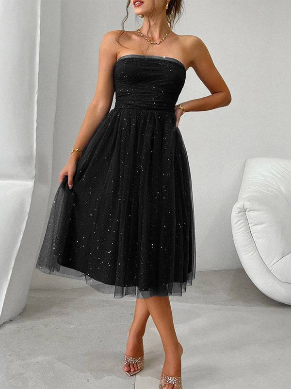 Stylish black strapless high waist evening dress