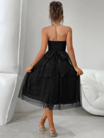 Black strapless high waist mesh midi evening dress