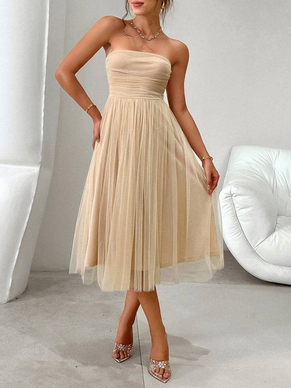 Beige strapless high waist mesh midi evening dress