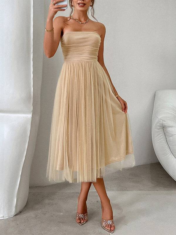 Chic beige strapless high waist evening dress