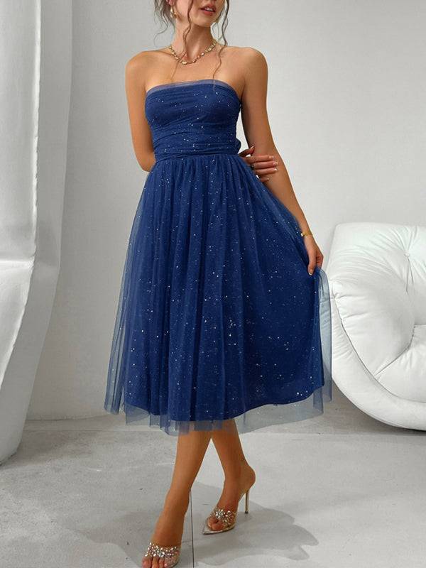 Elegant blue strapless mesh midi dress