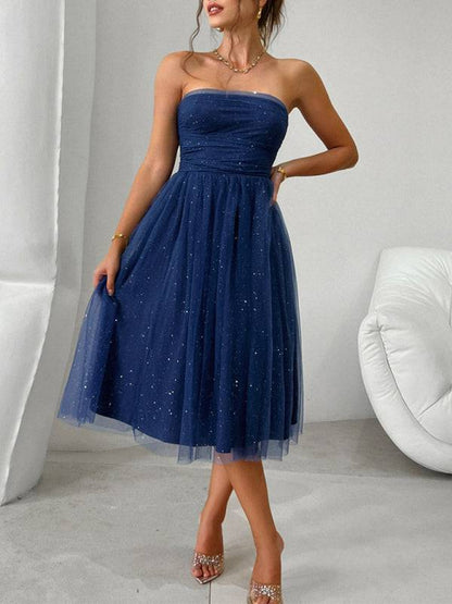 Blue strapless high waist mesh midi evening dress