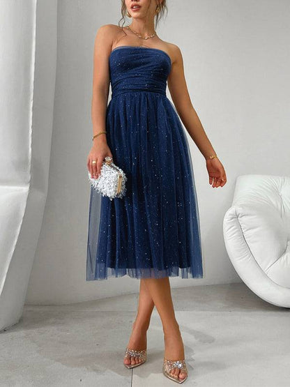 Stylish blue strapless high waist evening dress