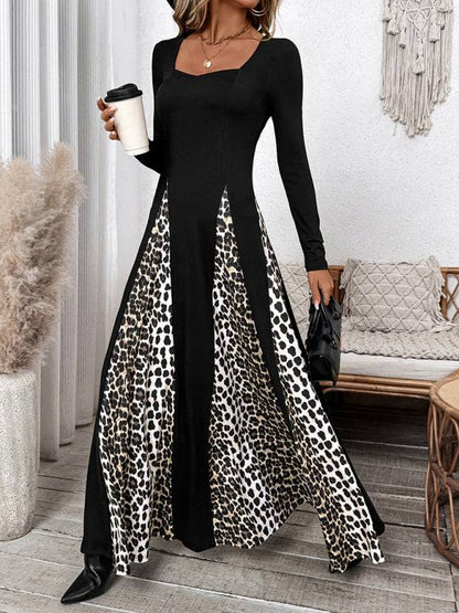 Elegant leopard print retro high waist dress, long sleeves