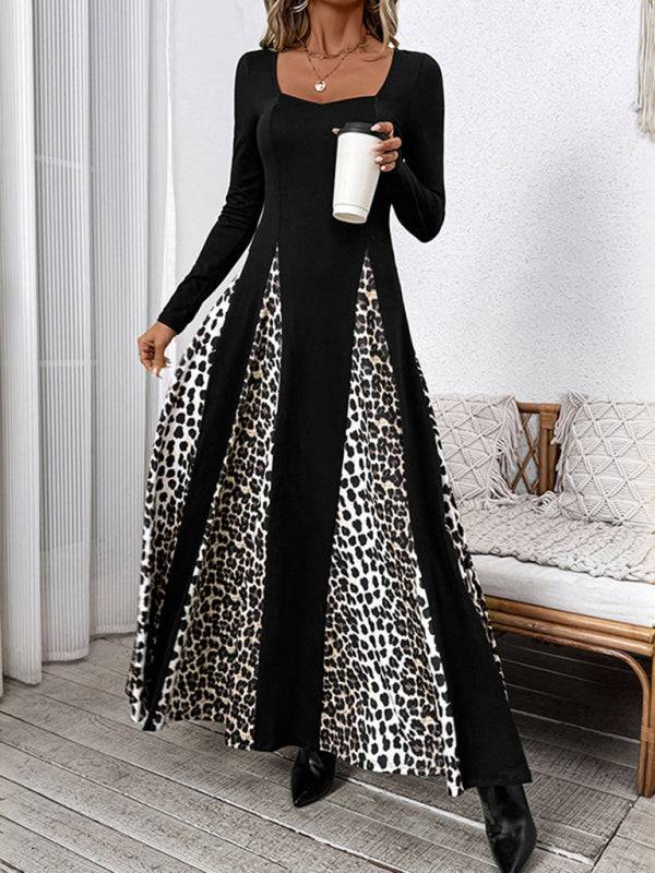 Leopard print retro high waist wide leg dress, long sleeves