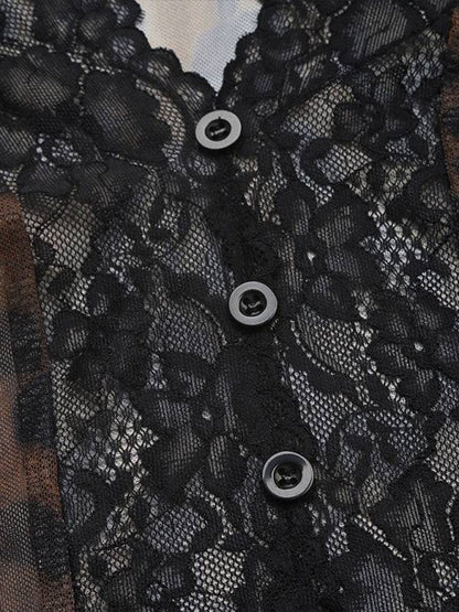 Close-up of lace detailing on leopard print bodysuit