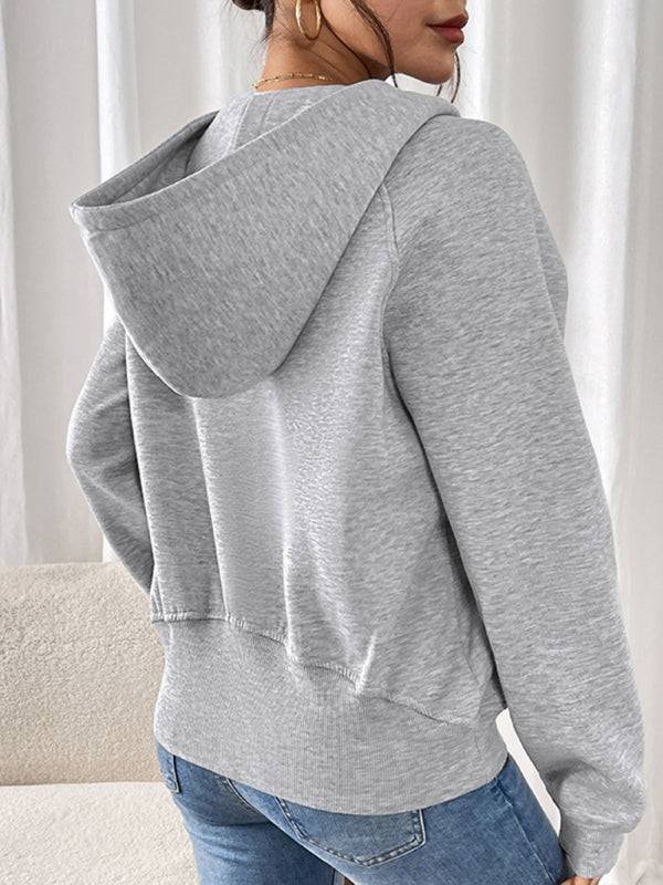 Back view of gray hoodie with hood detail.