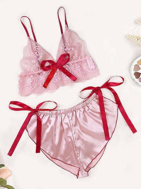 Lace Bra and Satin Shorts Set with Red Bows