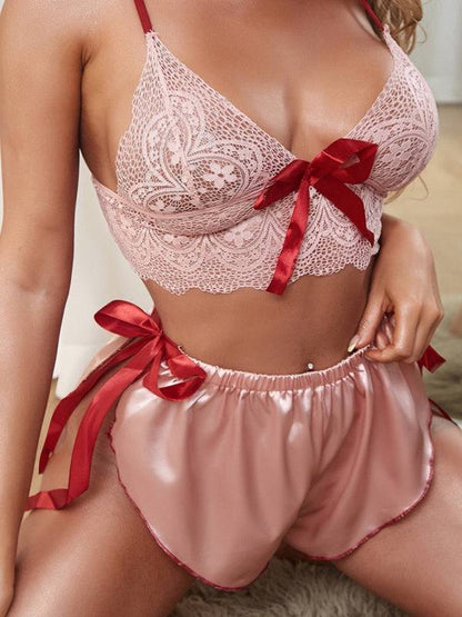 Sexy V-Neck Lace Bra Set with Red Ribbon