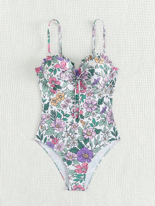 Green floral one-piece swimsuit with bowknot