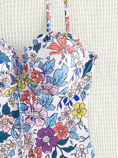 Close-up of colorful floral print swimsuit top