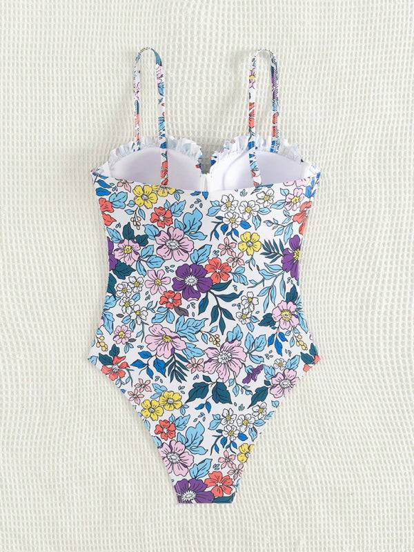 Back view of colorful floral one-piece swimsuit