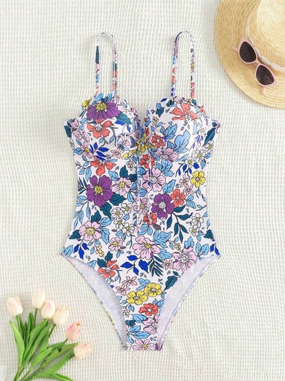 Colorful floral one-piece swimsuit with accessories