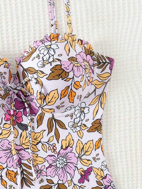 Close-up of floral print one-piece swimsuit top