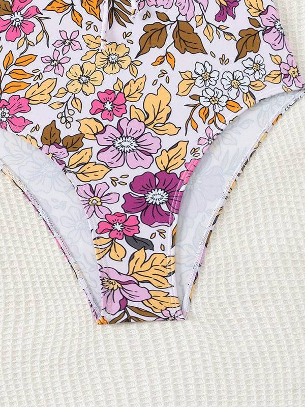 Close-up of floral print one-piece swimsuit bottom