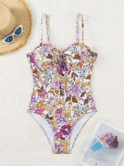 Full view of floral one-piece swimsuit with bowknot