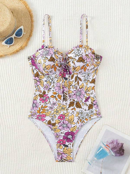 Full view of floral one-piece swimsuit with bowknot