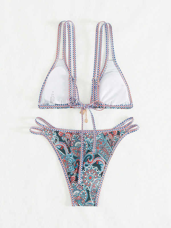 Blue paisley floral print bikini set with accessories