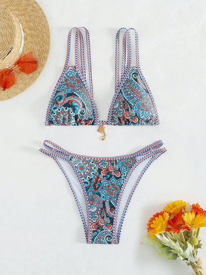 Dark blue paisley bikini top with strappy design