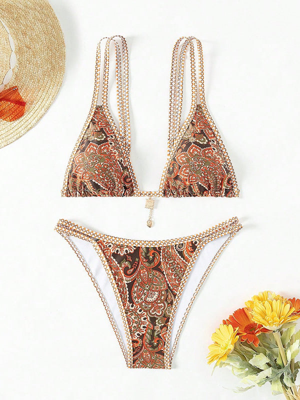 Green paisley floral print bikini set with accessories