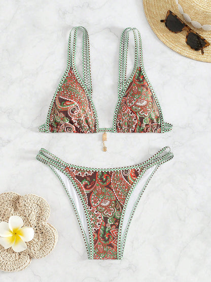 Green paisley bikini top with strappy design