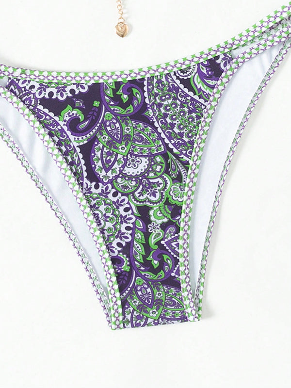 Purple paisley bikini bottom with strappy design