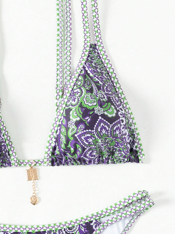 Purple paisley bikini top with strappy design