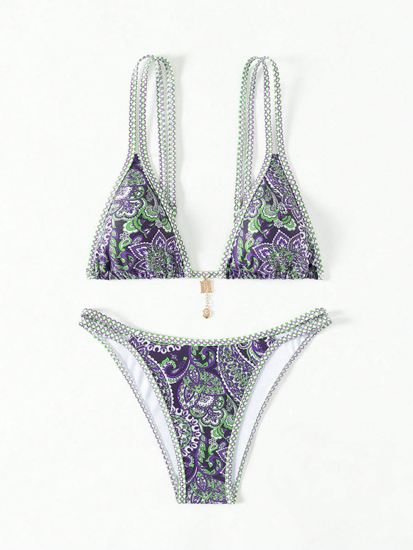 Purple paisley floral print bikini set with accessories