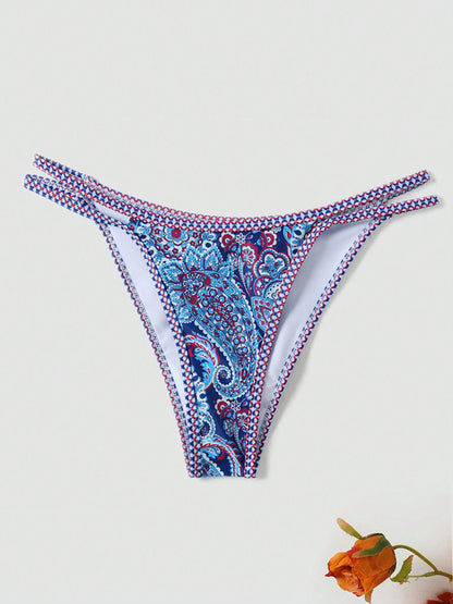 Dark blue paisley floral print bikini set with accessories