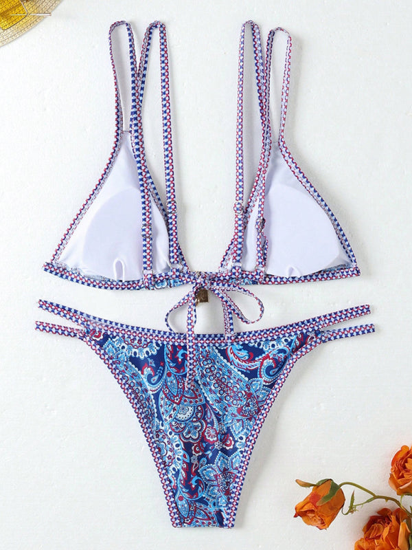 Orange paisley floral print bikini set with accessories