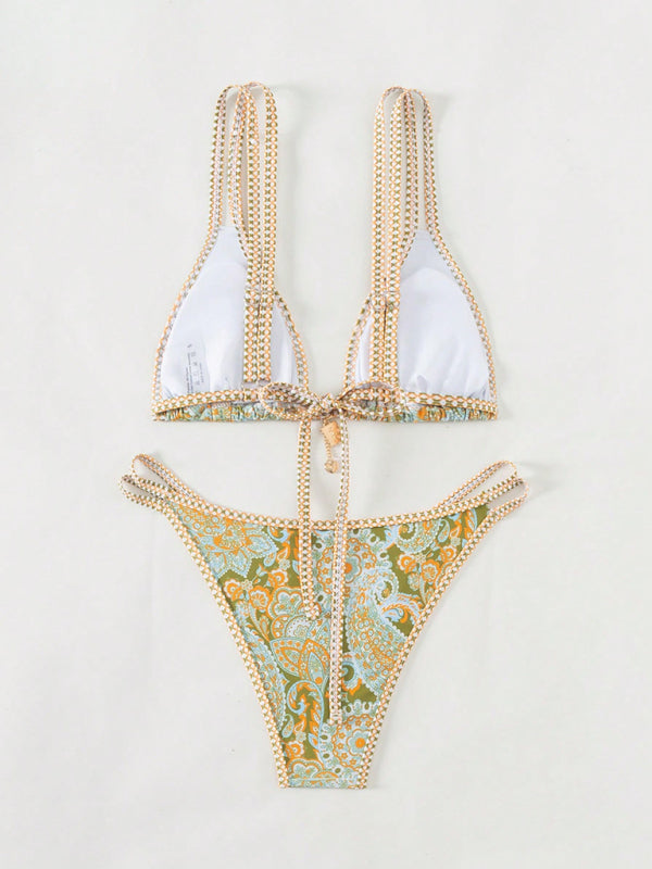 Yellow paisley floral print bikini set with accessories