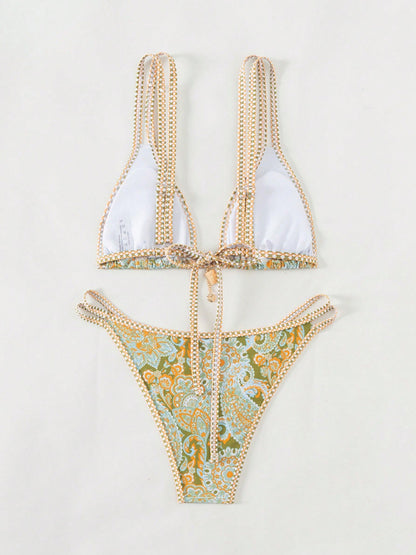 Yellow paisley floral print bikini set with accessories