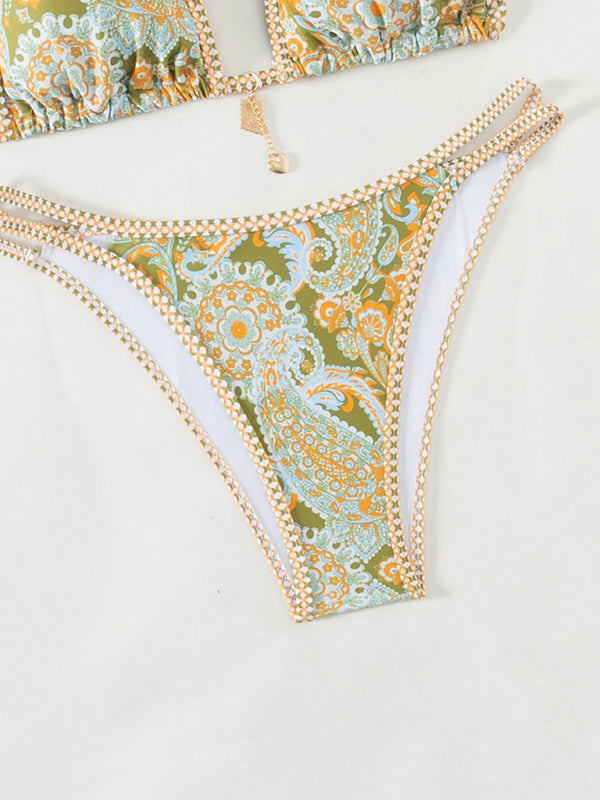 Yellow paisley floral print bikini set