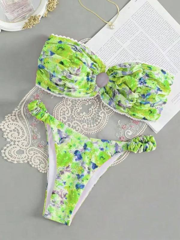 Green floral print tube top bikini set