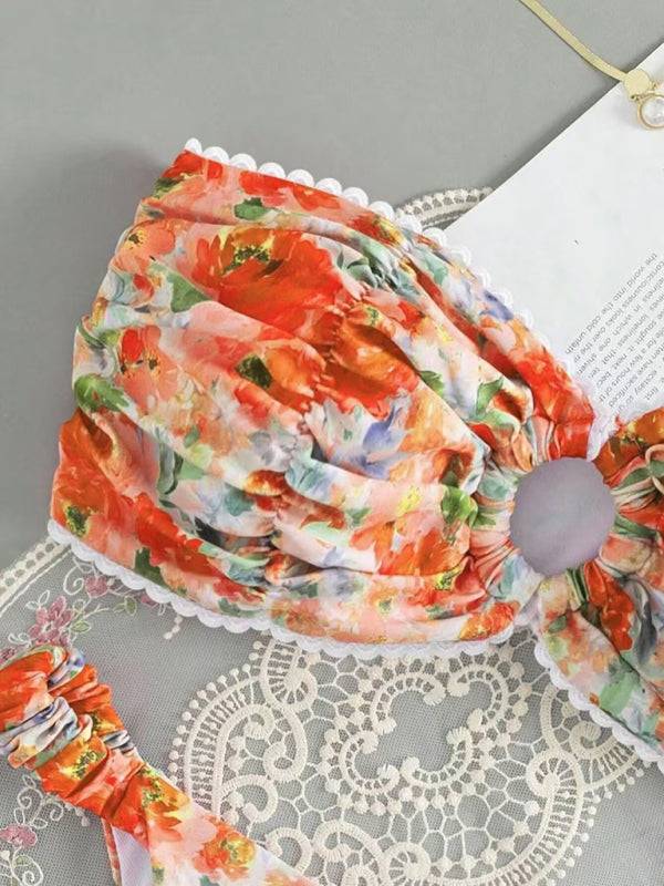 Orange floral print tube top bikini top