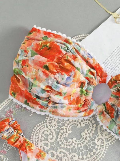 Orange floral print tube top bikini top