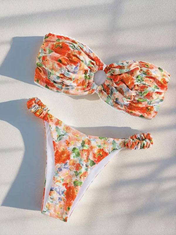 Orange floral print tube top bikini set