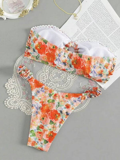 Orange floral print tube top bikini set