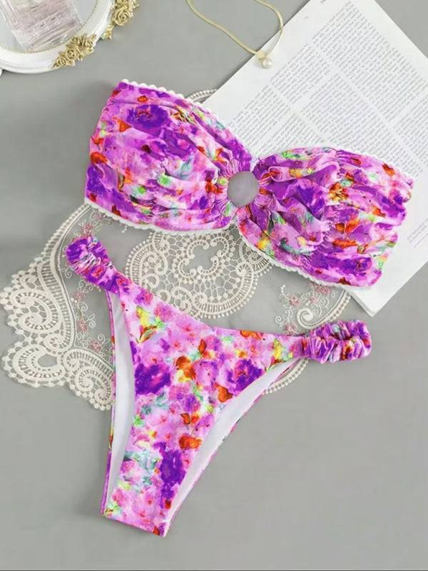 Purple floral print tube top bikini set