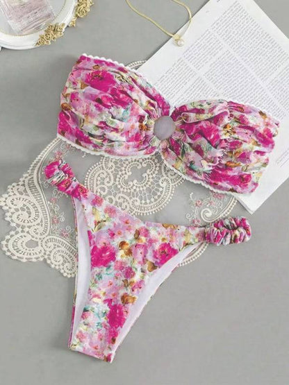 Pink floral print tube top bikini set