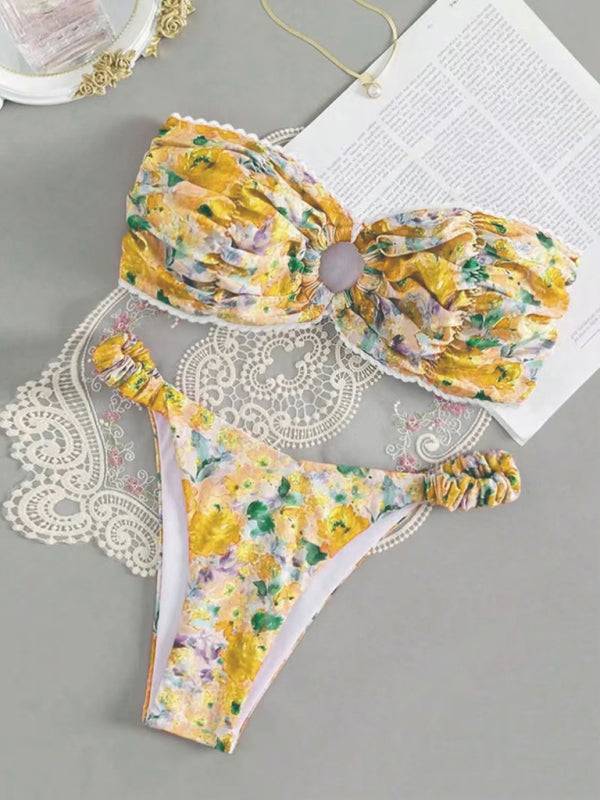 Yellow floral print tube top bikini set