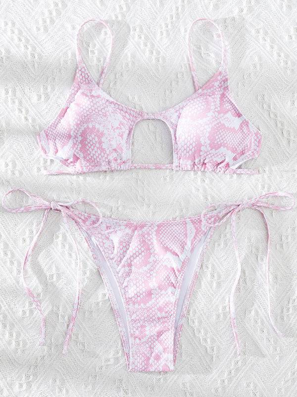 Pink snakeskin bikini set displayed flat