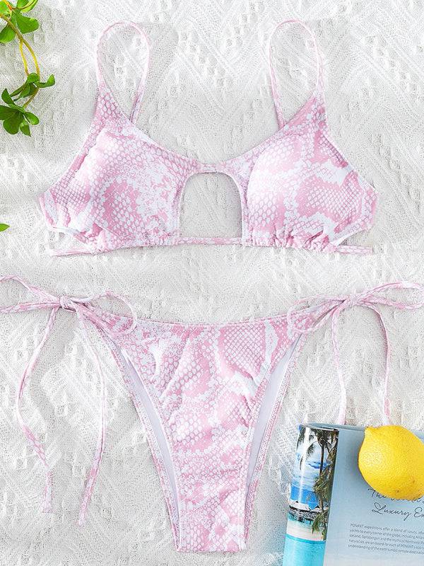 Pink snakeskin bikini set on lace fabric