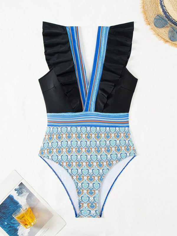 Black swimsuit with ruffles and pattern