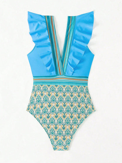 Flat lay of blue V-neck swimsuit