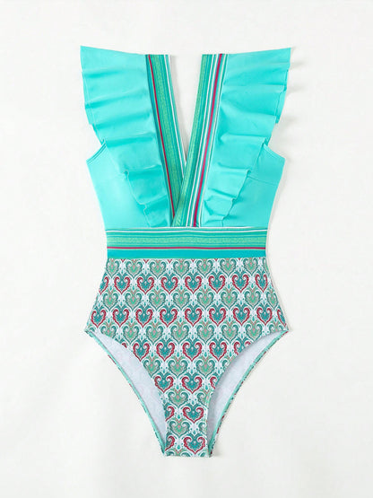 Turquoise swimsuit with ruffles and pattern