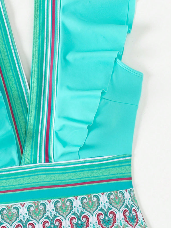 Close-up of turquoise swimsuit ruffles