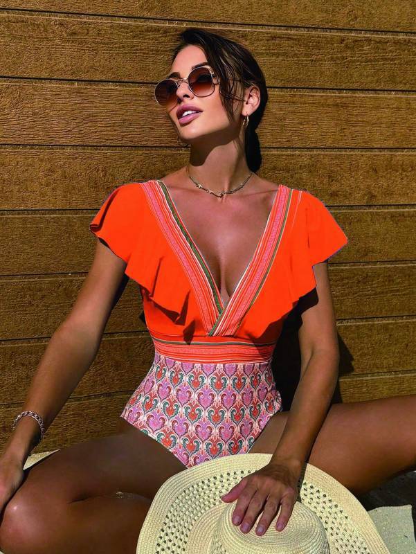 Orange V-neck ruffled backless swimsuit