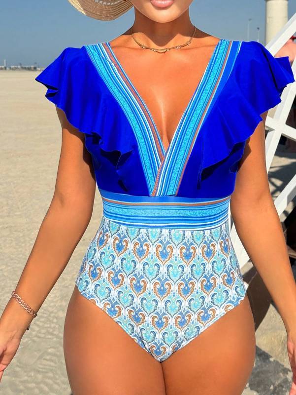 Royal blue V-neck ruffled backless swimsuit